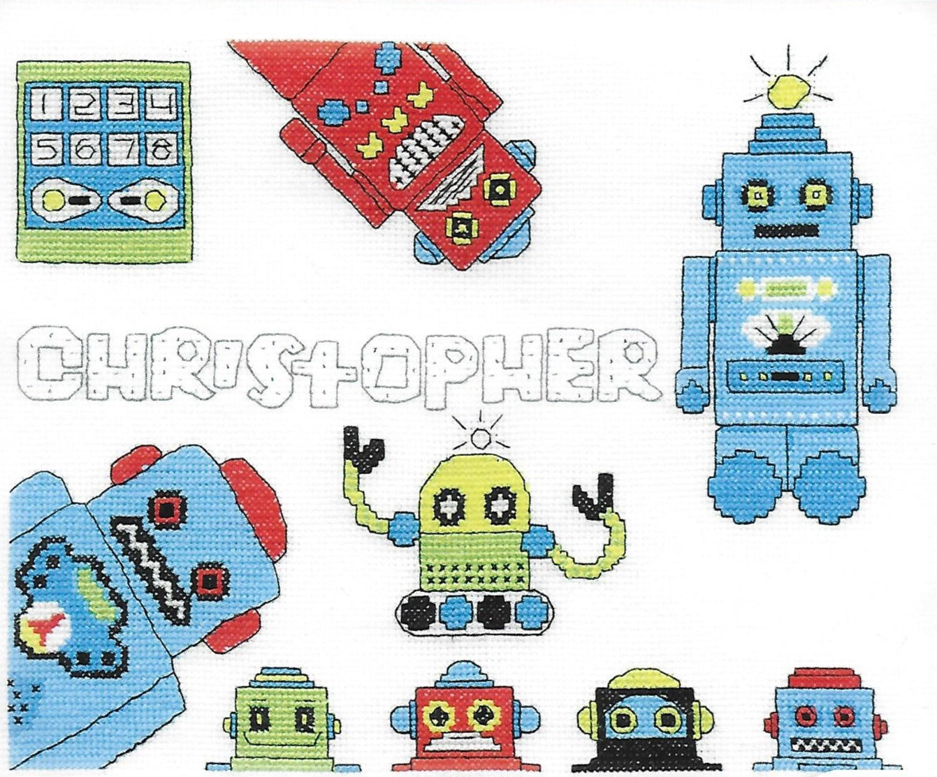 COUNTED CROSS STITCH KIT - FUNKY ROBOTS - FIRST NAME SAMPLER
