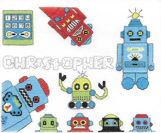 COUNTED CROSS STITCH KIT - FUNKY ROBOTS - FIRST NAME SAMPLER