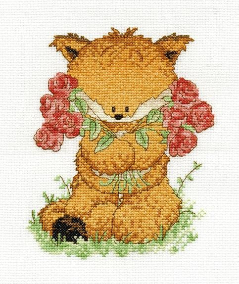 COUNTED CROSS STITCH KIT - WOODLAND FOLK - TOBY FOX WITH ROSES