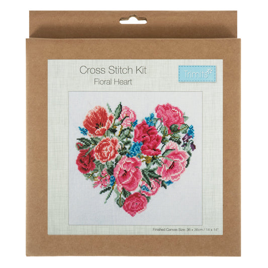 COUNTED CROSS STITCH KIT - LARGE - FLORAL HEART (14" Square)