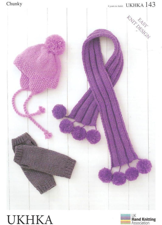 KNITTING PATTERN - UKHKA/143 -  CHUNKY  - Hat & Scarf - 4 years-Adult EASY KNIT